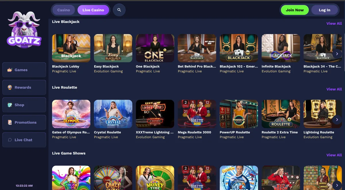 Live casino og bordspill
